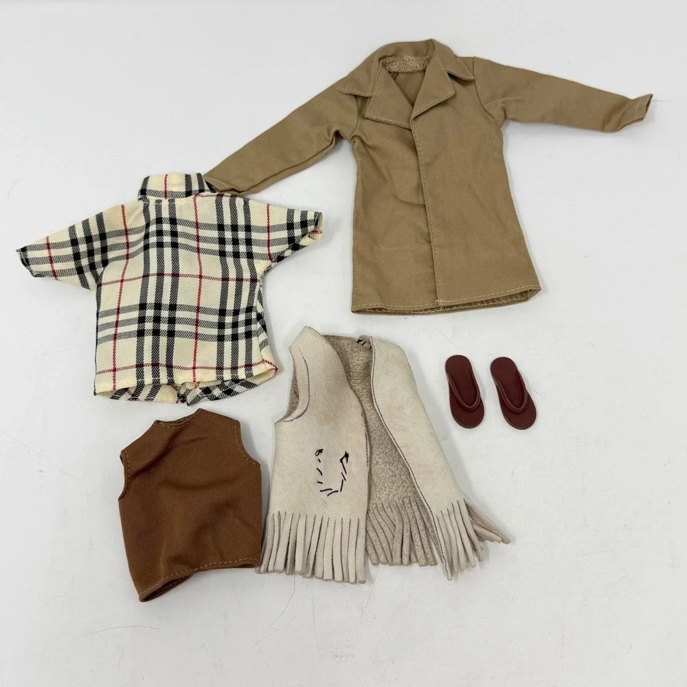 Barbie Size Doll Clothes Lot 5pc Beige Trench Coat Plaid Shirt Vest Shoes Y2K